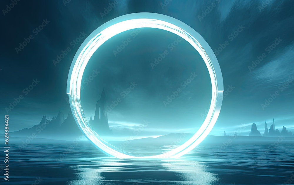 3d render of a neon light sphere on blue sea background. 3d render of a neon light sphere on blue sea background.