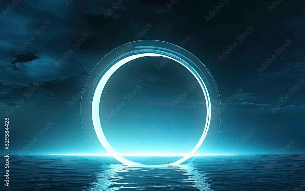 3d render of a neon light sphere on blue sea background. 3d render of a neon light sphere on blue sea background.