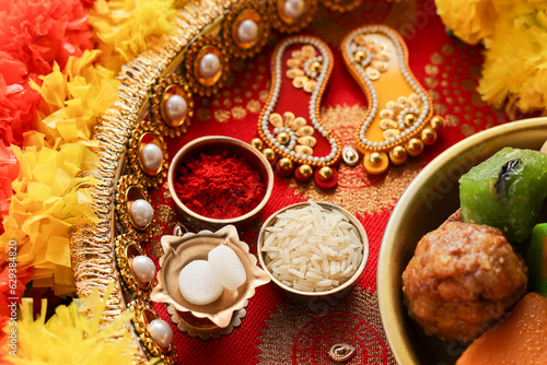 kumkum powder in golden bowl use for indian traditional god worship and applying a bindi on forehead of woman for good luck. Pooja Material Puja Sahitya in Hindu Religion from. Decorated Pooja Thali.