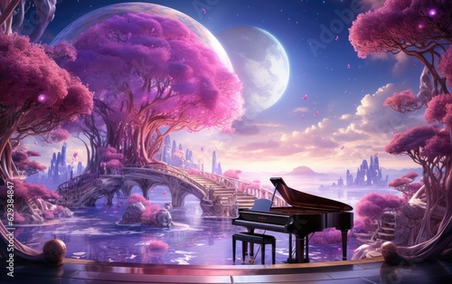 A piano in the pink landscape with moon and stars. © hugo