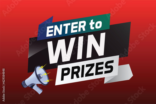 Enter to win prizes word concept vector illustration with megaphone and 3d style for use landing page, template, ui, web, mobile app, poster, banner, flyer, background, gift card, coupon, wallpaper