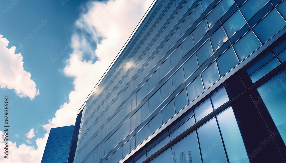Fototapeta premium Capturing the Reflective Beauty of Skyscrapers and Office Buildings against a Blue Sky with White Clouds