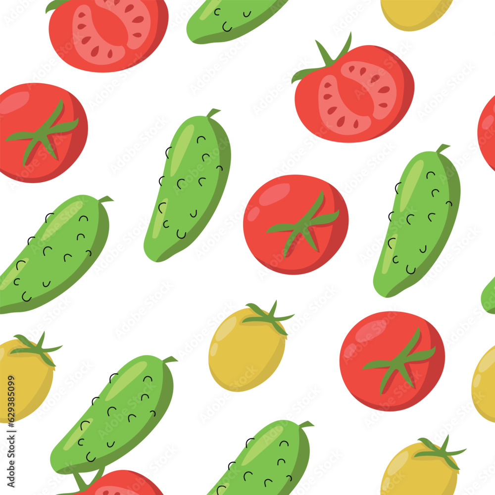 Сucumber and tomato seamless pattern. Endless pattern can be used for ceramic tile, wallpaper, textile, web page background. Vector cartoon illustration. Сucumber and tomato seamless pattern. Endless pattern can be used for ceramic tile, wallpaper, textile, web page background. Vector cartoon illustration.
