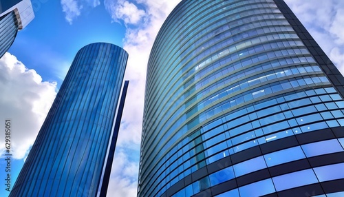 Capturing the Reflective Beauty of Skyscrapers and Office Buildings against a Blue Sky with White Clouds