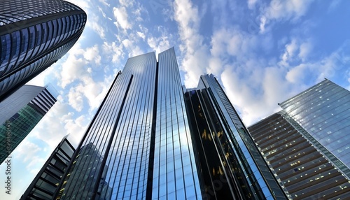 Capturing the Reflective Beauty of Skyscrapers and Office Buildings against a Blue Sky with White Clouds