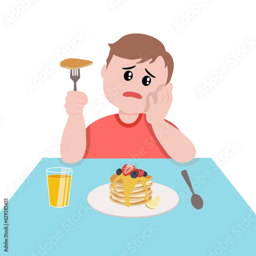 Kid in red shirt bored breakfast and go to school.
