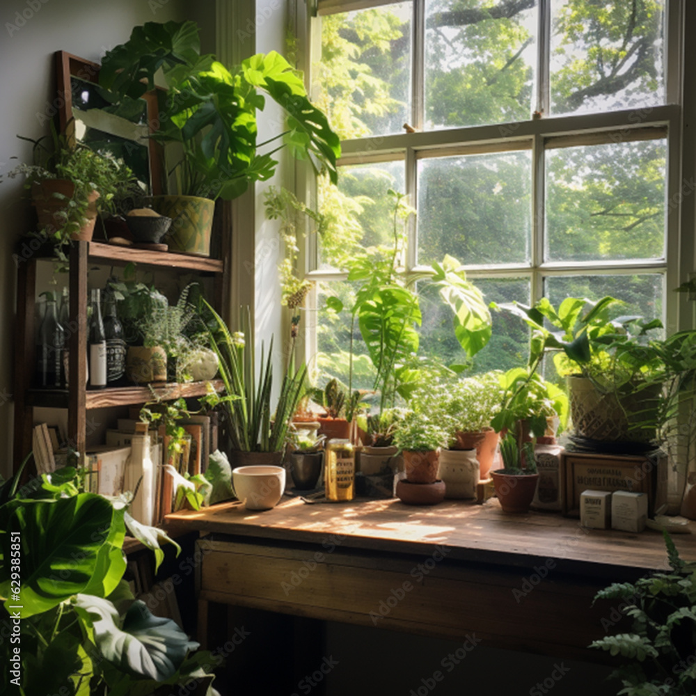 plants in a greenhouse window interia design generative AI photo