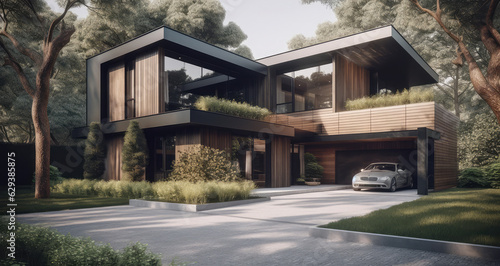 modern villa and car, generative AI © Kien