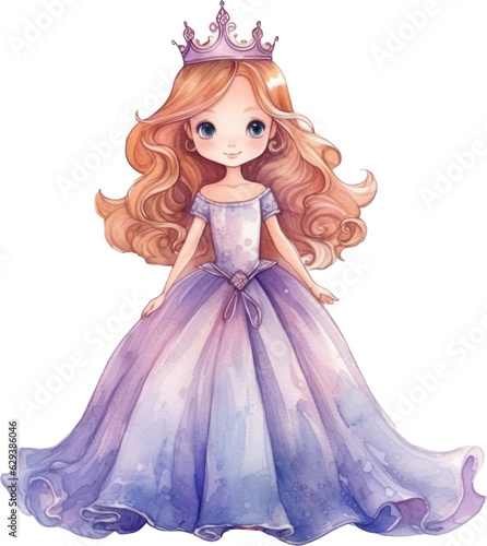 Cute princess girl watercolor illustration. Generative AI