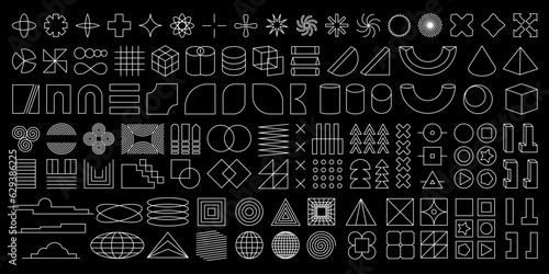 A set of 112 geometric shapes inspired by different art styles like abstract, brutalist, y2k and retro futurist, modernist. Unfilled outline shapes for your own designs