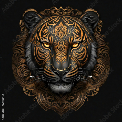 Head of a royal bengal tiger in black, covered with intricate golden color designs.