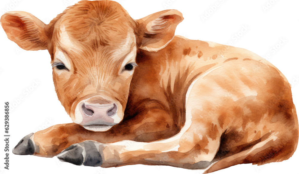Baby cow watercolor illustration. Generative AI