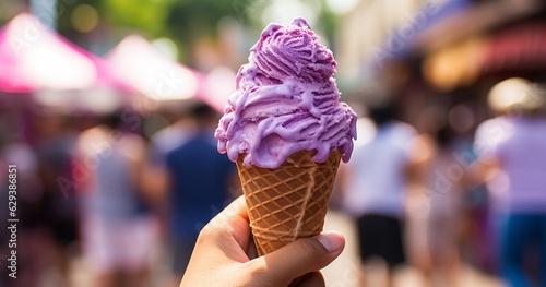 Photo of a hand holding a delicious purple ice cream cone created with Generative AI technology