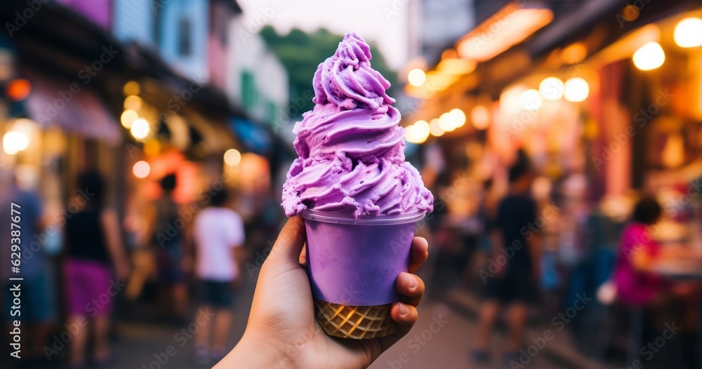 Photo of a hand holding a purple ice cream cone created with Generative AI technology