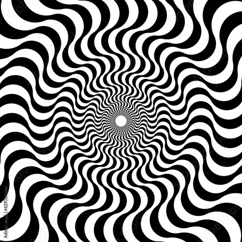 Optical illusion background. Black and white abstract distorted wavy lines surface. Radial waves poster design. Trippy sunburst illusion wallpaper. Vector illustration