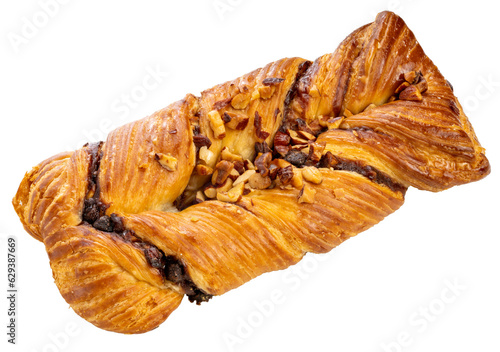 Chocolate Torsade Twist isolated on white background  Puff Pastry Twist bread on white PNG File.