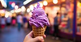 Photo of a hand holding a delicious purple ice cream cone  created with Generative AI technology