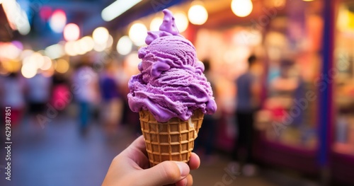 Photo of a hand holding a delicious purple ice cream cone created with Generative AI technology