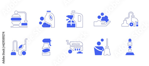 Cleaning icon set. Duotone style line stroke and bold. Vector illustration. Containing filter, detergent, cleaning products, foam, vacuum cleaner, cleaning, floor cleaner, mop.