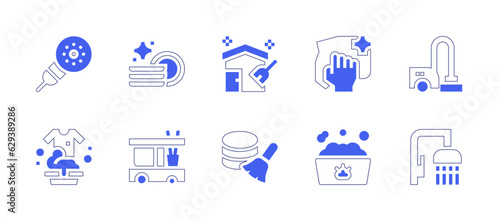 Cleaning icon set. Duotone style line stroke and bold. Vector illustration. Containing shower, plates, home, wipe, vacuum cleaner, t shirt, cleaning, data cleaning, bathing.