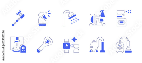 Cleaning icon set. Duotone style line stroke and bold. Vector illustration. Containing cleaner, spray, shower, cleaning cart, cleaning spray, cleaning, tongue cleaner, vacuum cleaner.