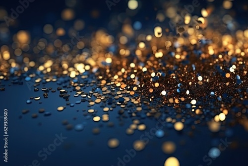 Golden Enchantment: Abstract Gold Particles on Blue Background (Generative AI)