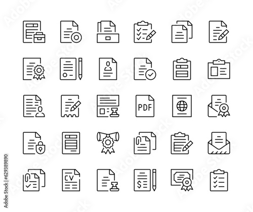 Documents icons. Vector line icons set. Contract, agreement, form, certificate concepts. Black outline stroke symbols