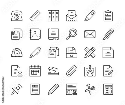 Stationery icons. Vector line icons set. Office supplies, school supplies concepts. Black outline stroke symbols