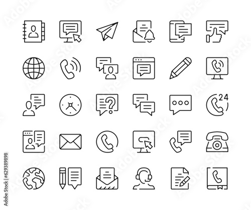 Contact icons. Vector line icons set. Communication concepts. Black outline stroke symbols