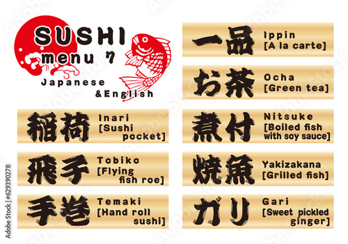 寿司木札メニューセット7　日本語&英語