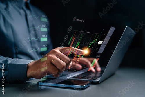 Fototapeta Naklejka Na Ścianę i Meble -  investment, graph, finance, financial, investing, technology, buy, sell, price, business. typing keyboard for invest into cryptocurrency. red graph is loss, then green graph is benefit should take.