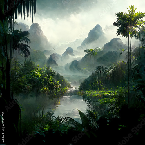 Matte painting style of a deep jungle with chinese mountains