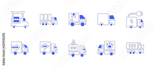 Truck icon set. Duotone style line stroke and bold. Vector illustration. Containing food truck, delivery truck, truck, electricity, dump truck.