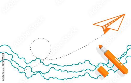 Doodle sketch line One Orange paper plane fly on the isolated white sky. Vector illustration flat design for poster, banner, presentation, and background.