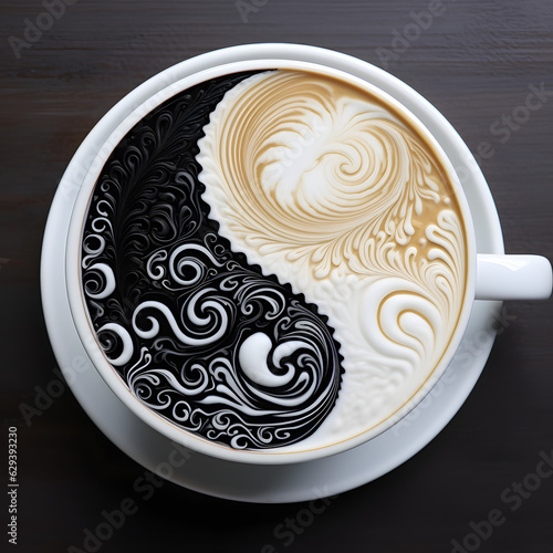 A cup of latte, Yin and Yang, white and black, drinks, coffee shop, art, lifestyle, cultural, Chinese, design, Ai generate.
