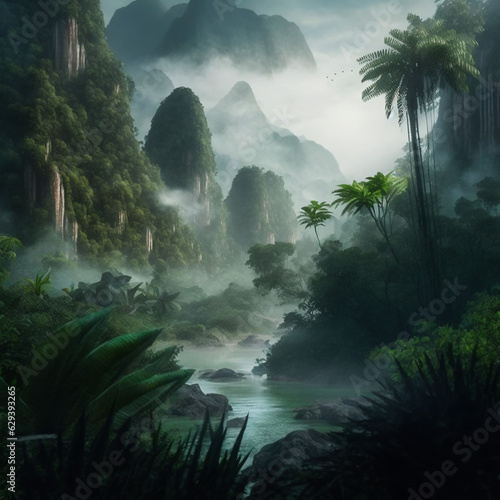 Matte painting style of a deep jungle with chinese mountains  © mardoz