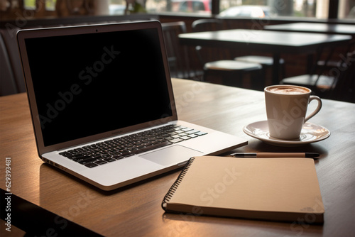 Laptop computer document notebook and coffee cup on woode