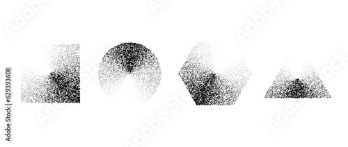 Set of stippled gradient shapes. Black dotted square, circle, hexagon and triangle collection. Textured noise grain dot work elements. Half tones and shadows gritty bundle. Vector geometric forms