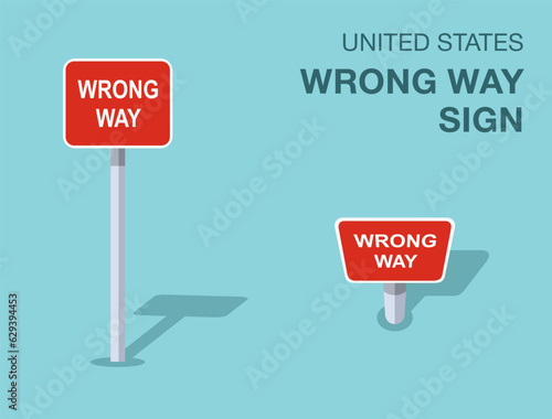 Traffic regulation rules. Isolated United States wrong way sign. Front and top view. Flat vector illustration template.