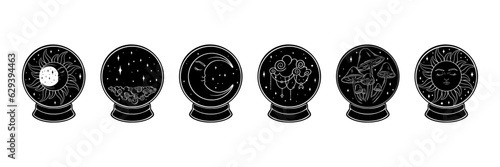 Crystall ball collection. Witch occult balls with mystic powers. Vector illustration isolated in white background
