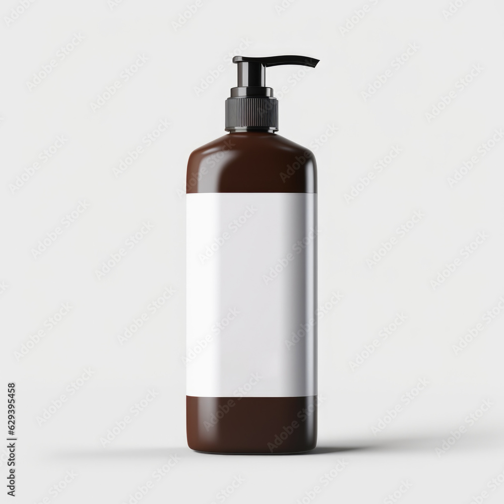Brown cleansing shampoo bottle with white label template on bottle on white background. Brown cleansing shampoo bottle with white label template on bottle on white background.