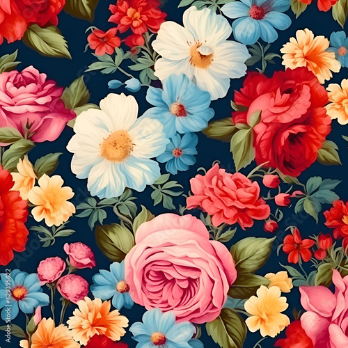 pattern with flowers pink red white garden AI generated