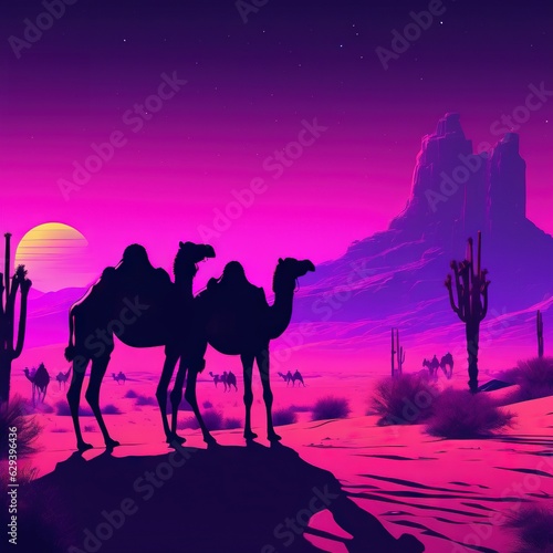 Neonpunk style camel in the desert