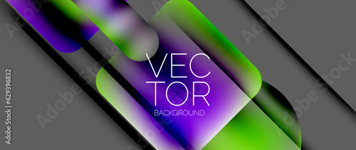 Dynamic bright colorful geometric elements with fluid gradients, lights, shadows blend in a minimal backdrop, creating captivating composition