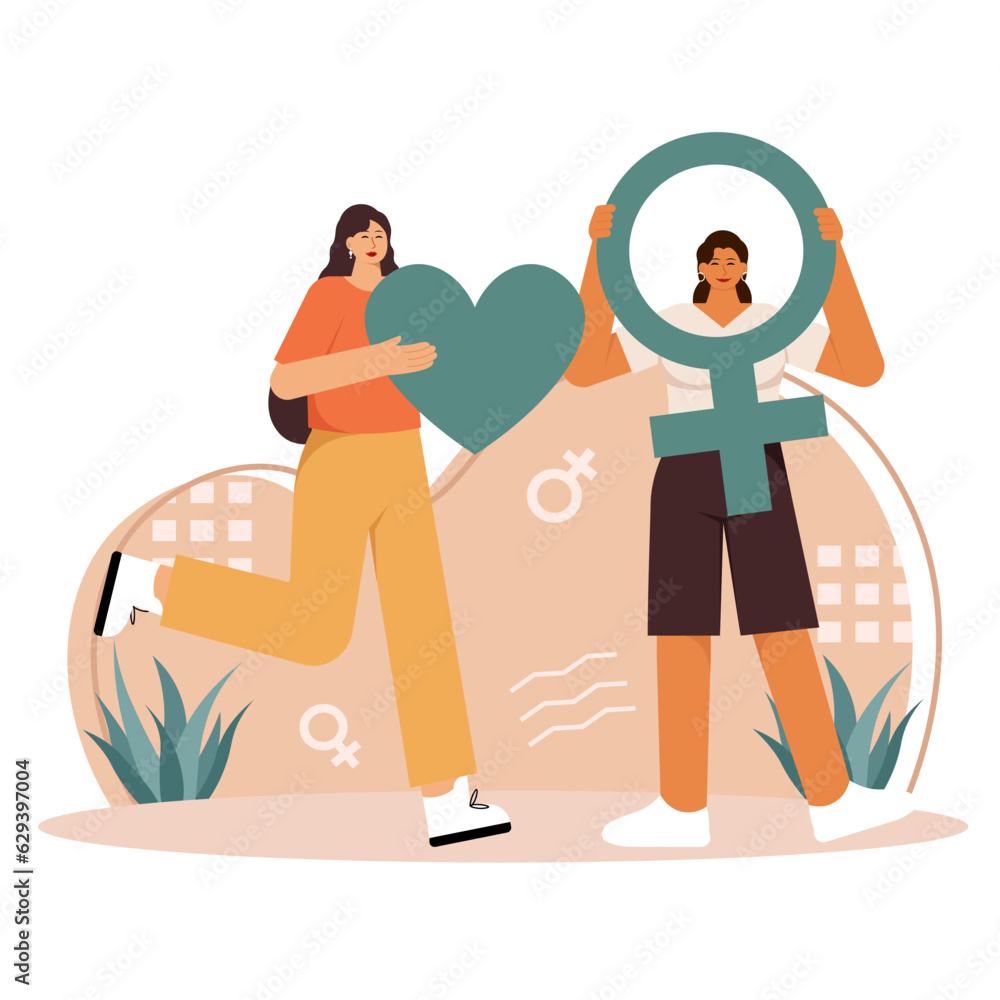 Two Girls Feminists With Equality Illustration Two Girls Feminists With Equality Illustration