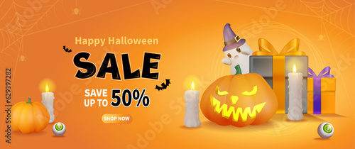 Halloween sale banner with jack-o-lanterns, gifts, candles and ghosts