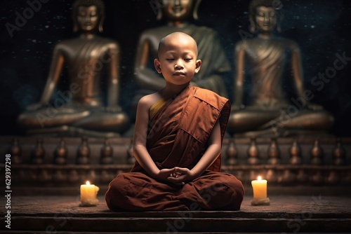 Novices in the temple sit in meditation. Behind is a large Buddha image.