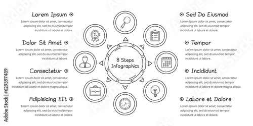Doodle circle diagram with eight elements with place for icons and text, handdrawn infographic template, vector eps10 illustration