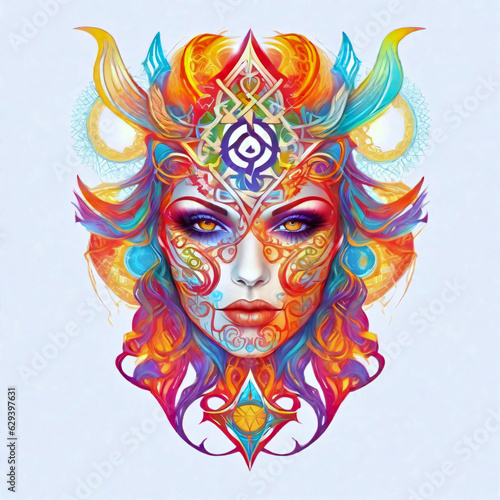 Colorful woman head, carnival mask with intricate designs.