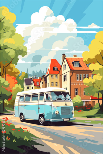 Vector RV motorhome road trip in European French village illustration concept. Retro poster for van life, vacation, landscape. Background art